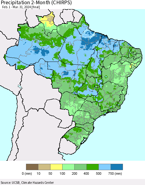 Brazil Precipitation 2-Month (CHIRPS) Thematic Map For 2/1/2024 - 3/31/2024