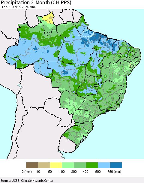 Brazil Precipitation 2-Month (CHIRPS) Thematic Map For 2/6/2024 - 4/5/2024