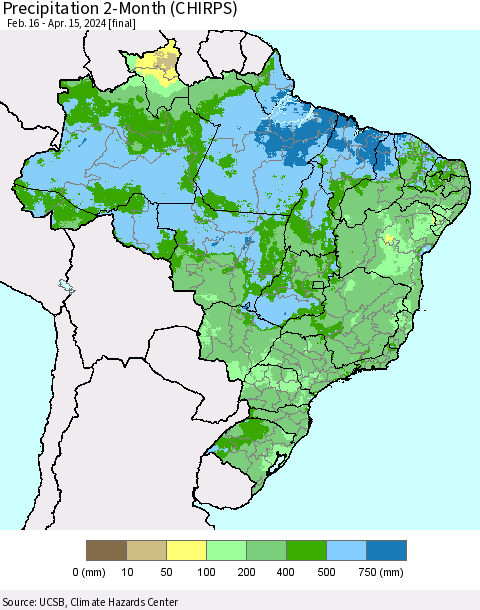 Brazil Precipitation 2-Month (CHIRPS) Thematic Map For 2/16/2024 - 4/15/2024