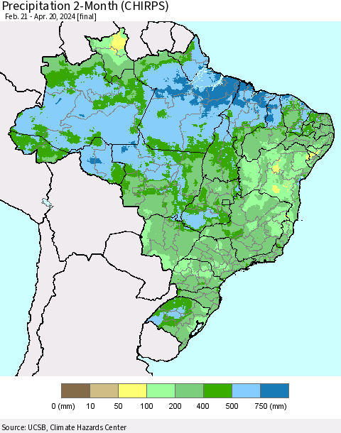Brazil Precipitation 2-Month (CHIRPS) Thematic Map For 2/21/2024 - 4/20/2024