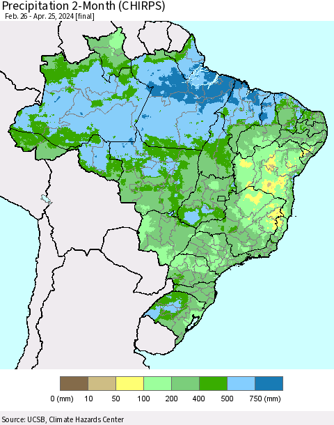 Brazil Precipitation 2-Month (CHIRPS) Thematic Map For 2/26/2024 - 4/25/2024