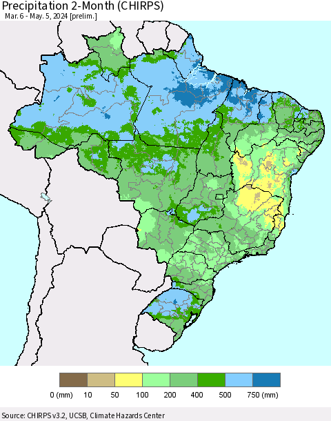 Brazil Precipitation 2-Month (CHIRPS) Thematic Map For 3/6/2024 - 5/5/2024