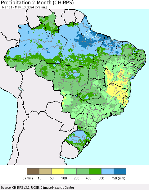 Brazil Precipitation 2-Month (CHIRPS) Thematic Map For 3/11/2024 - 5/10/2024