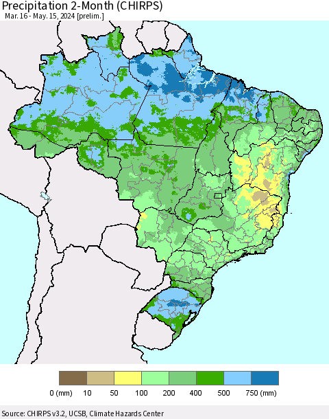 Brazil Precipitation 2-Month (CHIRPS) Thematic Map For 3/16/2024 - 5/15/2024