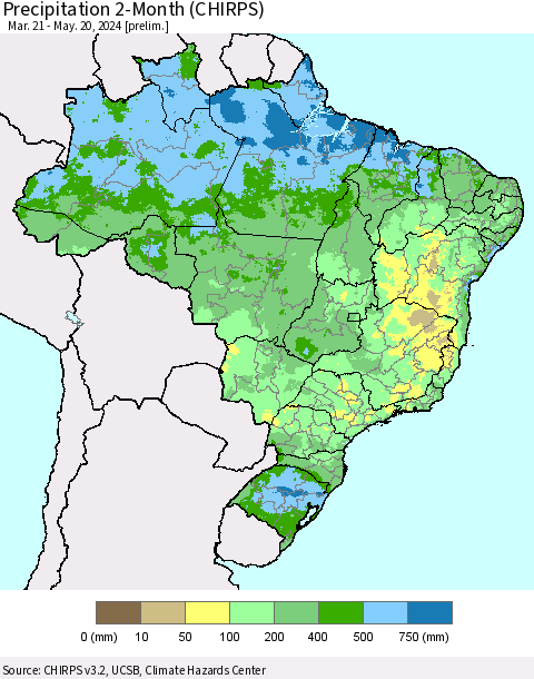 Brazil Precipitation 2-Month (CHIRPS) Thematic Map For 3/21/2024 - 5/20/2024