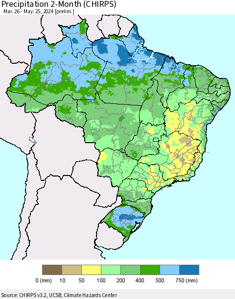 Brazil Precipitation 2-Month (CHIRPS) Thematic Map For 3/26/2024 - 5/25/2024