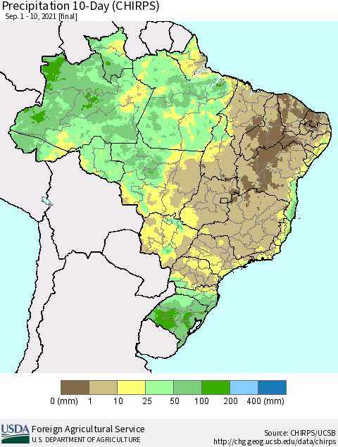 Brazil Precipitation 10-Day (CHIRPS) Thematic Map For 9/1/2021 - 9/10/2021