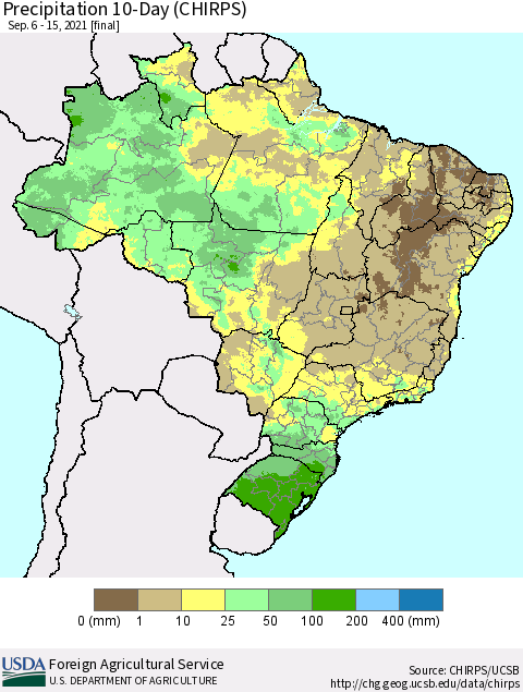Brazil Precipitation 10-Day (CHIRPS) Thematic Map For 9/6/2021 - 9/15/2021