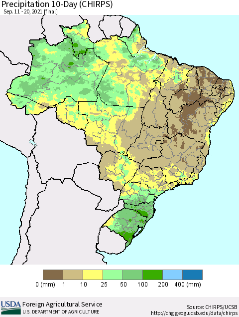 Brazil Precipitation 10-Day (CHIRPS) Thematic Map For 9/11/2021 - 9/20/2021