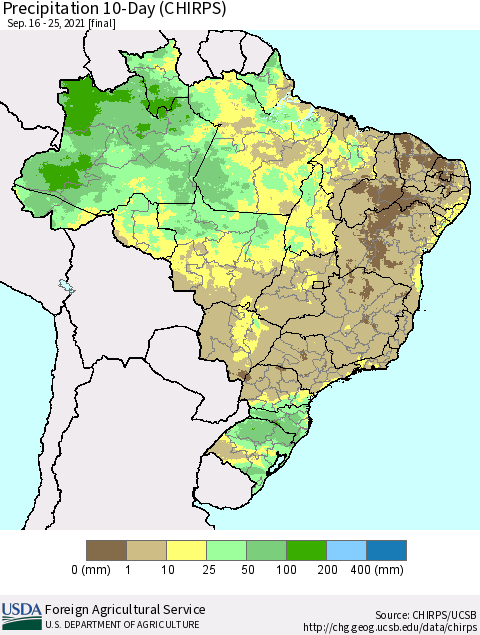 Brazil Precipitation 10-Day (CHIRPS) Thematic Map For 9/16/2021 - 9/25/2021