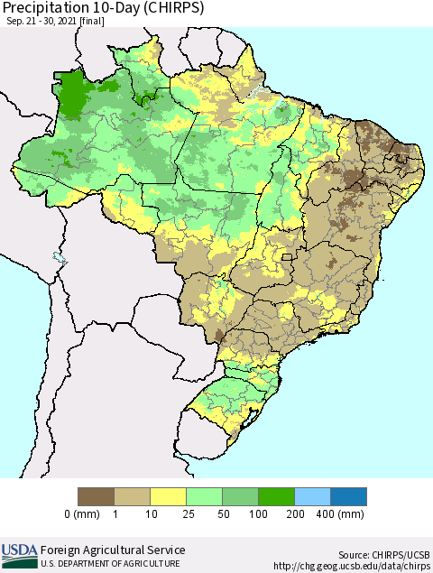 Brazil Precipitation 10-Day (CHIRPS) Thematic Map For 9/21/2021 - 9/30/2021