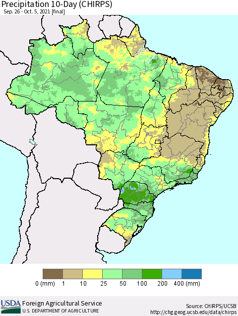 Brazil Precipitation 10-Day (CHIRPS) Thematic Map For 9/26/2021 - 10/5/2021
