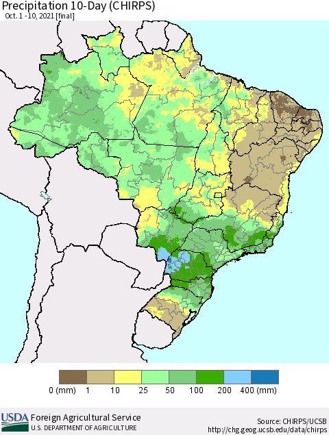 Brazil Precipitation 10-Day (CHIRPS) Thematic Map For 10/1/2021 - 10/10/2021