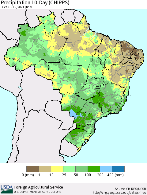 Brazil Precipitation 10-Day (CHIRPS) Thematic Map For 10/6/2021 - 10/15/2021