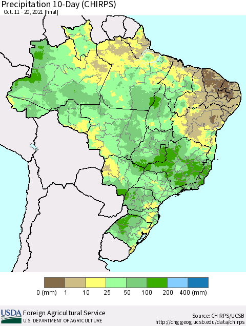 Brazil Precipitation 10-Day (CHIRPS) Thematic Map For 10/11/2021 - 10/20/2021