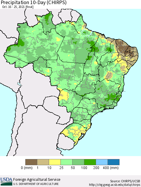 Brazil Precipitation 10-Day (CHIRPS) Thematic Map For 10/16/2021 - 10/25/2021
