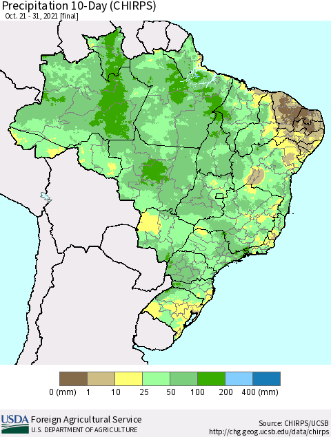 Brazil Precipitation 10-Day (CHIRPS) Thematic Map For 10/21/2021 - 10/31/2021