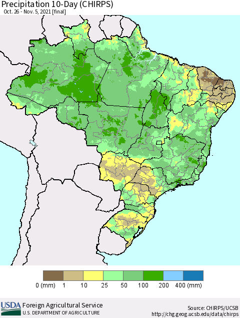 Brazil Precipitation 10-Day (CHIRPS) Thematic Map For 10/26/2021 - 11/5/2021