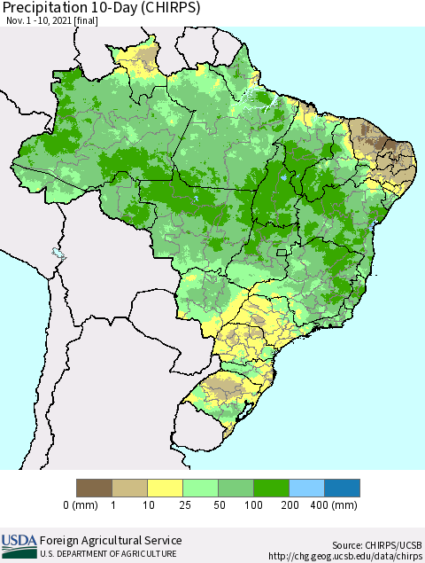 Brazil Precipitation 10-Day (CHIRPS) Thematic Map For 11/1/2021 - 11/10/2021