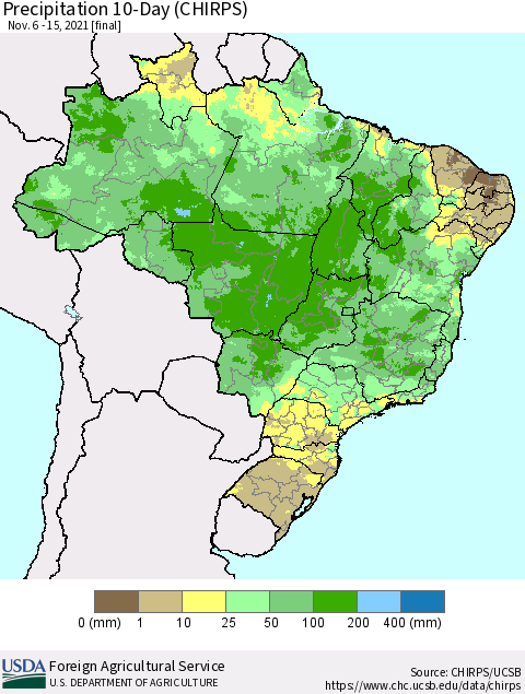 Brazil Precipitation 10-Day (CHIRPS) Thematic Map For 11/6/2021 - 11/15/2021