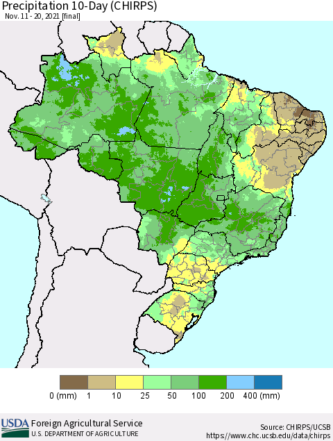 Brazil Precipitation 10-Day (CHIRPS) Thematic Map For 11/11/2021 - 11/20/2021