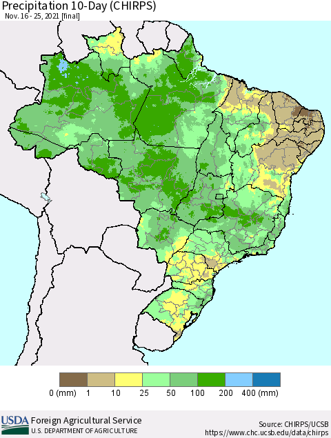 Brazil Precipitation 10-Day (CHIRPS) Thematic Map For 11/16/2021 - 11/25/2021