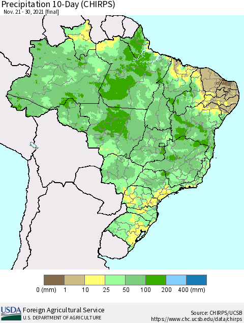 Brazil Precipitation 10-Day (CHIRPS) Thematic Map For 11/21/2021 - 11/30/2021