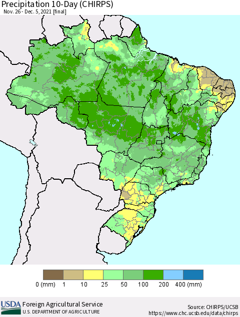 Brazil Precipitation 10-Day (CHIRPS) Thematic Map For 11/26/2021 - 12/5/2021