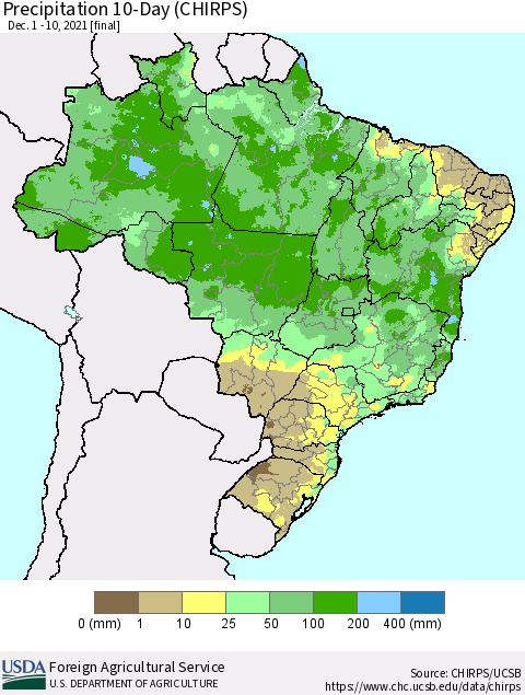 Brazil Precipitation 10-Day (CHIRPS) Thematic Map For 12/1/2021 - 12/10/2021