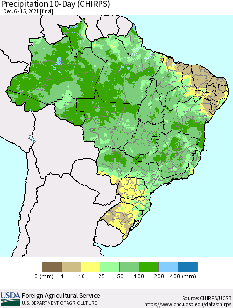 Brazil Precipitation 10-Day (CHIRPS) Thematic Map For 12/6/2021 - 12/15/2021