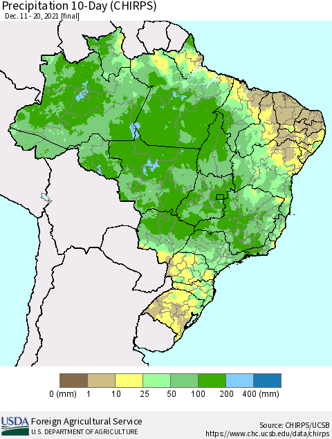 Brazil Precipitation 10-Day (CHIRPS) Thematic Map For 12/11/2021 - 12/20/2021
