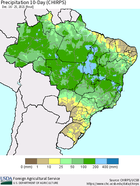Brazil Precipitation 10-Day (CHIRPS) Thematic Map For 12/16/2021 - 12/25/2021
