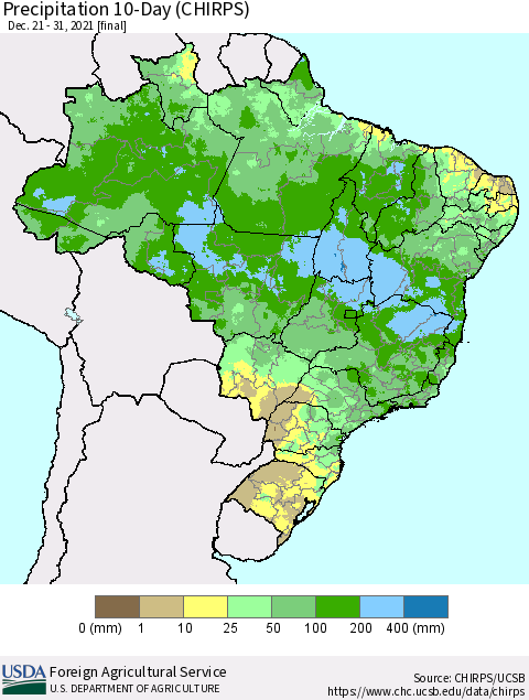 Brazil Precipitation 10-Day (CHIRPS) Thematic Map For 12/21/2021 - 12/31/2021