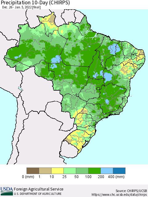 Brazil Precipitation 10-Day (CHIRPS) Thematic Map For 12/26/2021 - 1/5/2022