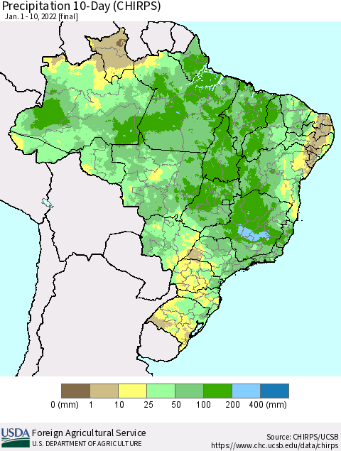 Brazil Precipitation 10-Day (CHIRPS) Thematic Map For 1/1/2022 - 1/10/2022