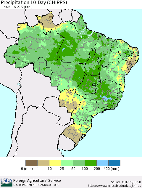 Brazil Precipitation 10-Day (CHIRPS) Thematic Map For 1/6/2022 - 1/15/2022