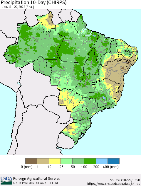 Brazil Precipitation 10-Day (CHIRPS) Thematic Map For 1/11/2022 - 1/20/2022