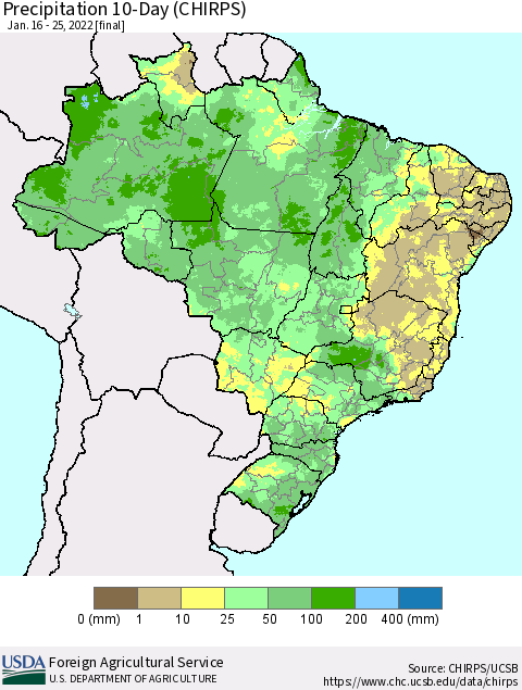 Brazil Precipitation 10-Day (CHIRPS) Thematic Map For 1/16/2022 - 1/25/2022