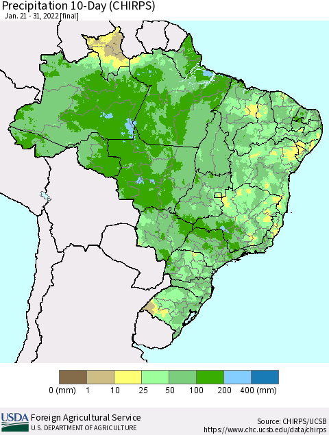 Brazil Precipitation 10-Day (CHIRPS) Thematic Map For 1/21/2022 - 1/31/2022