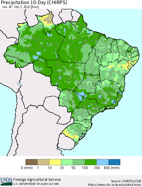 Brazil Precipitation 10-Day (CHIRPS) Thematic Map For 1/26/2022 - 2/5/2022