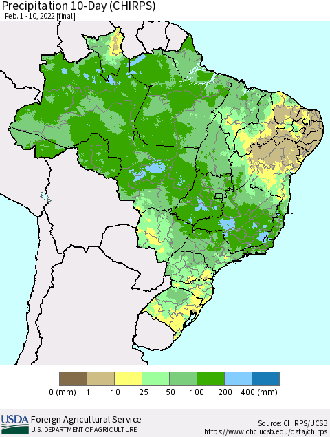 Brazil Precipitation 10-Day (CHIRPS) Thematic Map For 2/1/2022 - 2/10/2022