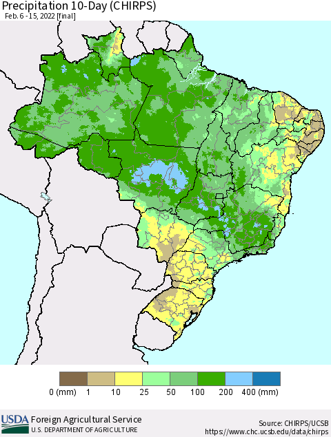 Brazil Precipitation 10-Day (CHIRPS) Thematic Map For 2/6/2022 - 2/15/2022