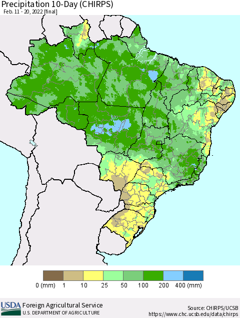 Brazil Precipitation 10-Day (CHIRPS) Thematic Map For 2/11/2022 - 2/20/2022