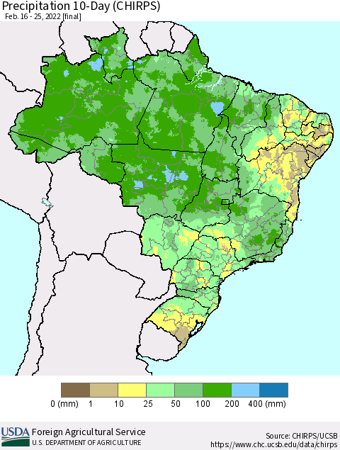 Brazil Precipitation 10-Day (CHIRPS) Thematic Map For 2/16/2022 - 2/25/2022