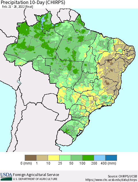 Brazil Precipitation 10-Day (CHIRPS) Thematic Map For 2/21/2022 - 2/28/2022