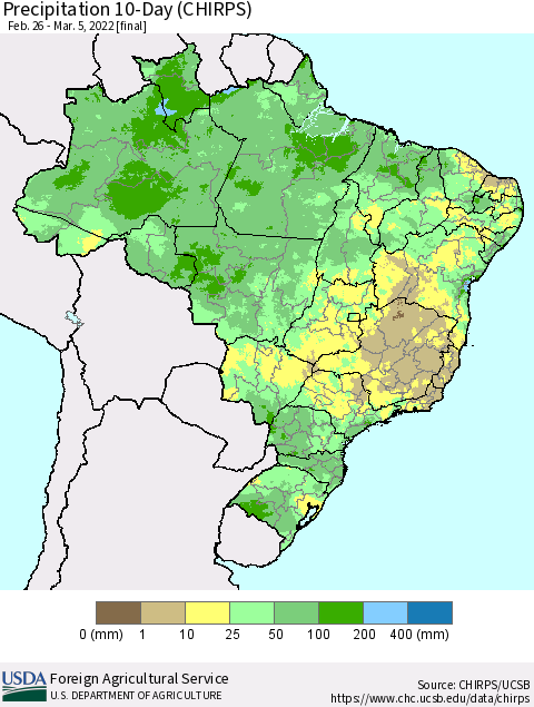 Brazil Precipitation 10-Day (CHIRPS) Thematic Map For 2/26/2022 - 3/5/2022