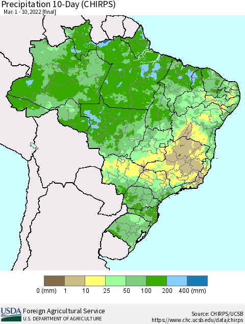 Brazil Precipitation 10-Day (CHIRPS) Thematic Map For 3/1/2022 - 3/10/2022