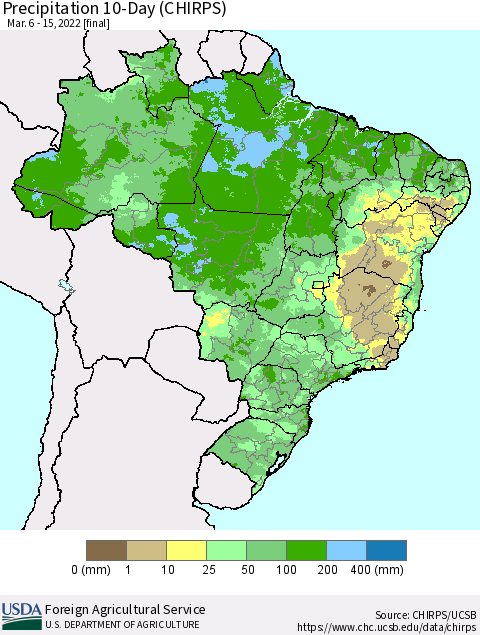 Brazil Precipitation 10-Day (CHIRPS) Thematic Map For 3/6/2022 - 3/15/2022