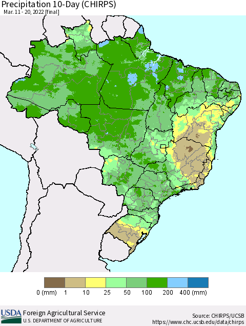 Brazil Precipitation 10-Day (CHIRPS) Thematic Map For 3/11/2022 - 3/20/2022