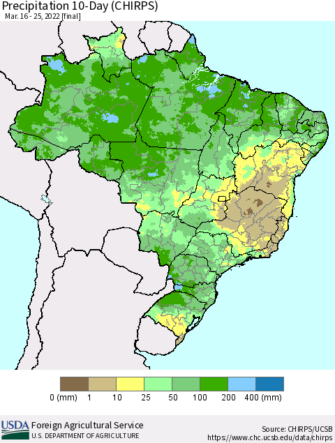 Brazil Precipitation 10-Day (CHIRPS) Thematic Map For 3/16/2022 - 3/25/2022